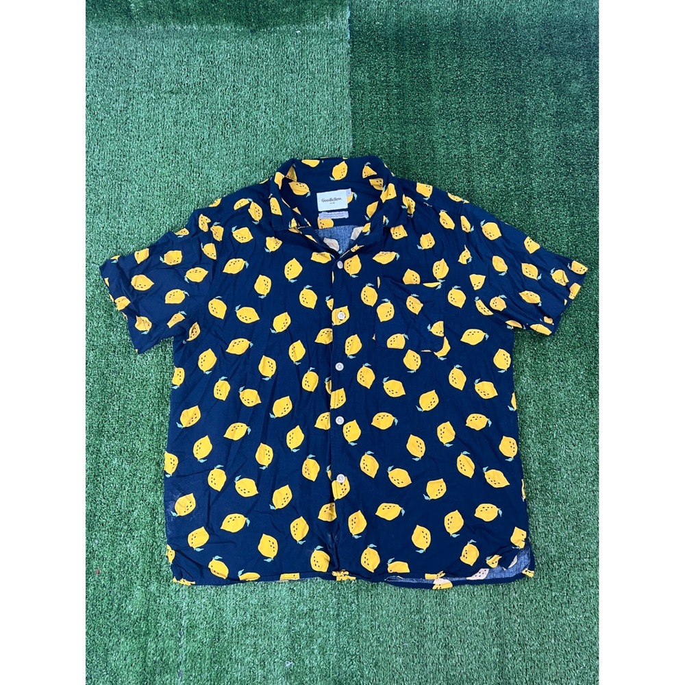 Goodfellow & Co Mens Navy Blue Lemon Print Short Sleeve Button Down Shirt Large
